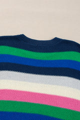 Bright Green Rainbow Striped Crew Neck Drop Shoulder Sweater Sweaters JT's Designer Fashion