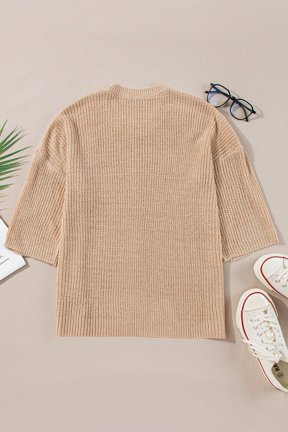 Light French Beige Contrast Striped 3/4 Sleeve Crew Neck Sweater Sweaters JT's Designer Fashion