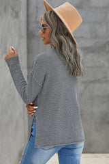 Gray Henley Pullover Drop Shoulder Sweater with Slits Sweaters & Cardigans JT's Designer Fashion