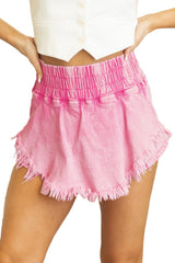 Pink Washed Wide Smocked Waistband Frayed Denim Shorts Denim Shorts JT's Designer Fashion