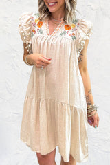 Jet Stream Linen Embroidery Split Neck Pom Pom Ruffle Sleeves Flowy Short Dress Mini Dresses JT's Designer Fashion