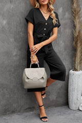 Black Dolman Button Belted V Neck Wide Leg Pocketed Jumpsuit Jumpsuits & Rompers JT's Designer Fashion