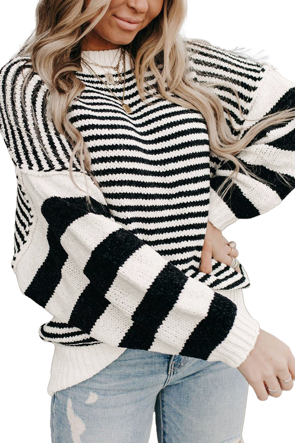 Black white Striped Drop Shoulder Bishop Sleeve Knit Sweater Sweaters JT's Designer Fashion