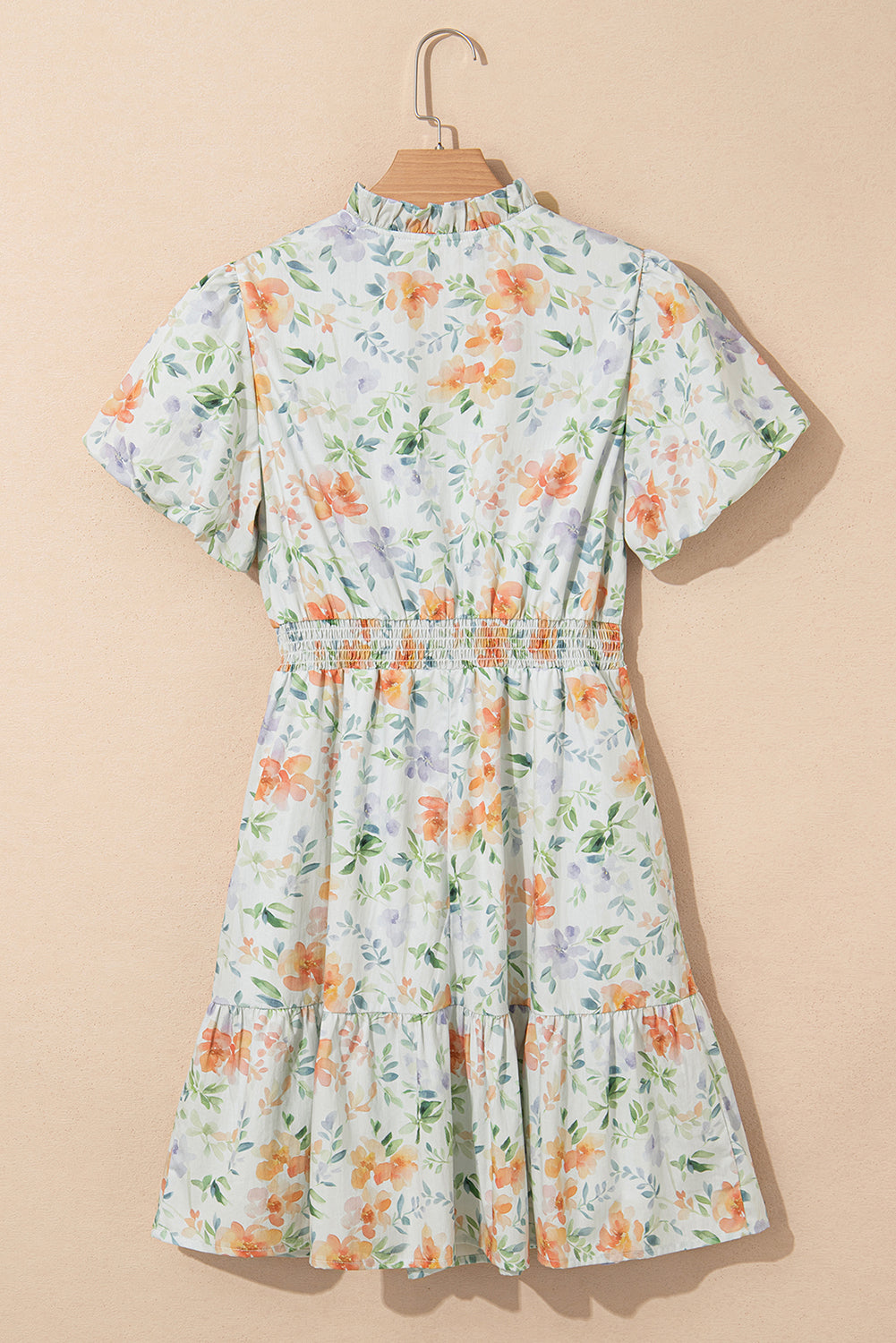 Beige Floral Print Shirred High Waist Puff Sleeve Mini Dress Floral Dresses JT's Designer Fashion