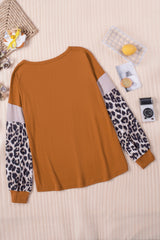 Brown Leopard Sequin Patchwork Long Sleeve Top Long Sleeve Tops JT's Designer Fashion