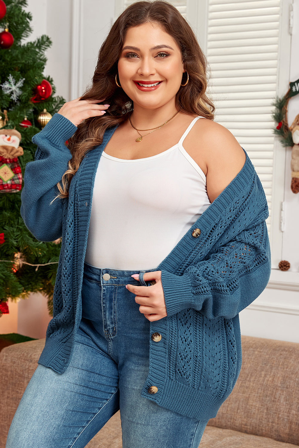 Real Teal Open Knit V Neck Button Front Drop Shoulder Plus Size Cardigan Plus Size Sweaters & Cardigans JT's Designer Fashion