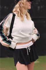 White Striped Color Block Exposed Seam Loose Active Sweatshirt Sweatshirts & Hoodies JT's Designer Fashion