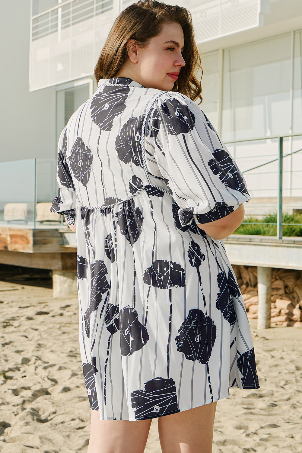 Black Plus Size Floral 3/4 Puff Sleeve Lace-up Neck Mini Dress Plus Size Mini Dresses JT's Designer Fashion