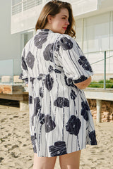 Black Plus Size Floral 3/4 Puff Sleeve Lace-up Neck Mini Dress Plus Size Mini Dresses JT's Designer Fashion
