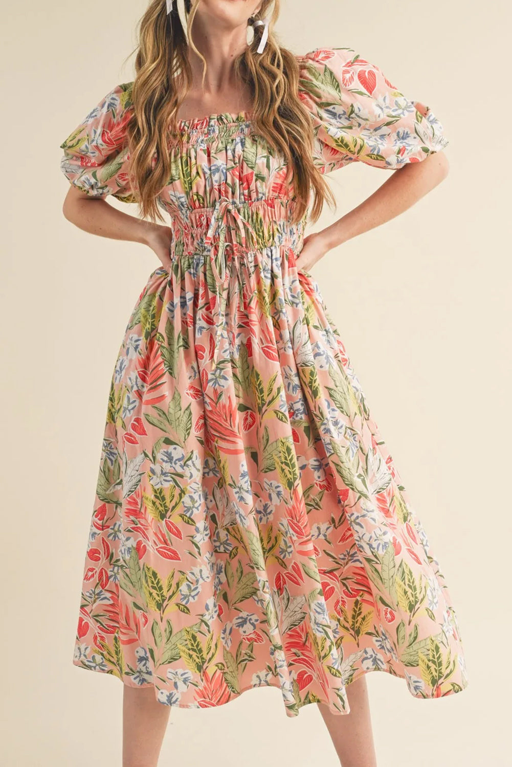 Apricot Pink Floral Smocked Bust Bubble Short Sleeve Long Dress Apricot Pink 100%Polyester Maxi Dresses JT's Designer Fashion
