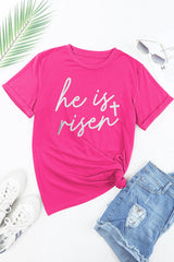 Rose Red Glitter he is risen Cross Printed Crewneck Tee Graphic Tees JT's Designer Fashion