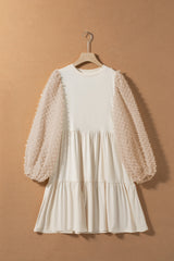 Beige Embellished Puff Sleeve Tiered A-line Dress Mini Dresses JT's Designer Fashion