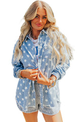 Sky Blue Star Print Light Wash Raw Hem Denim Jacket Denim Jackets JT's Designer Fashion