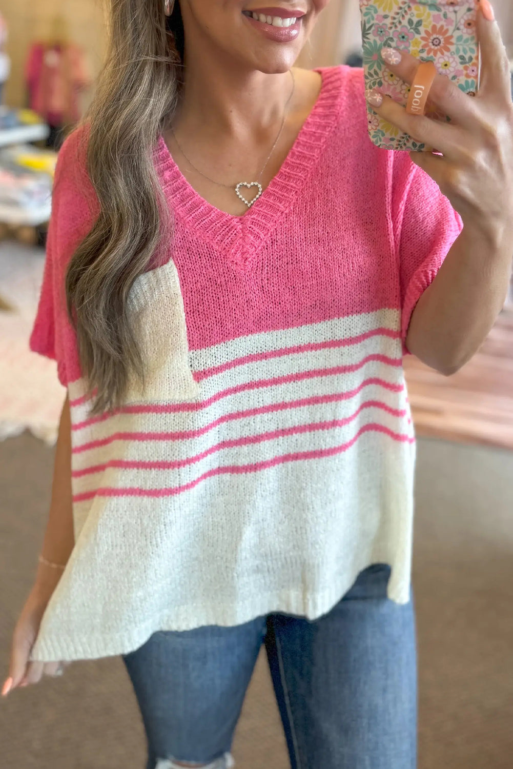 Strawberry Pink Striped Patchwork V Neck Knitted Loose Top Sweaters & Cardigans JT's Designer Fashion