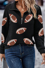 Black Sequin Rugby Football Patched Quarter Zip Textured Sweatshirt Black 95%Polyester+5%Elastane Graphic Sweatshirts JT's Designer Fashion