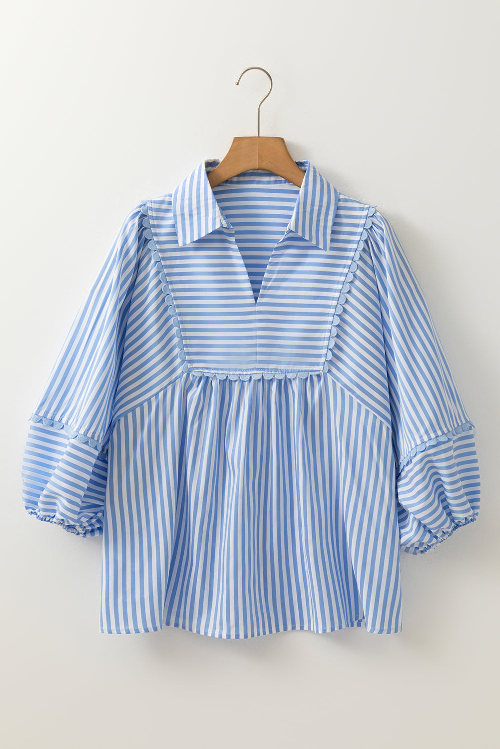 Sky Blue Stripe Shirt Collar V Neck Ricrac Trim 3/4 Puff Sleeve Blouse Blouses & Shirts JT's Designer Fashion