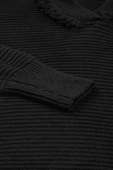 Black V Neck Ribbed Drop Shoulder Hooded Sweater Sweaters & Cardigans JT's Designer Fashion