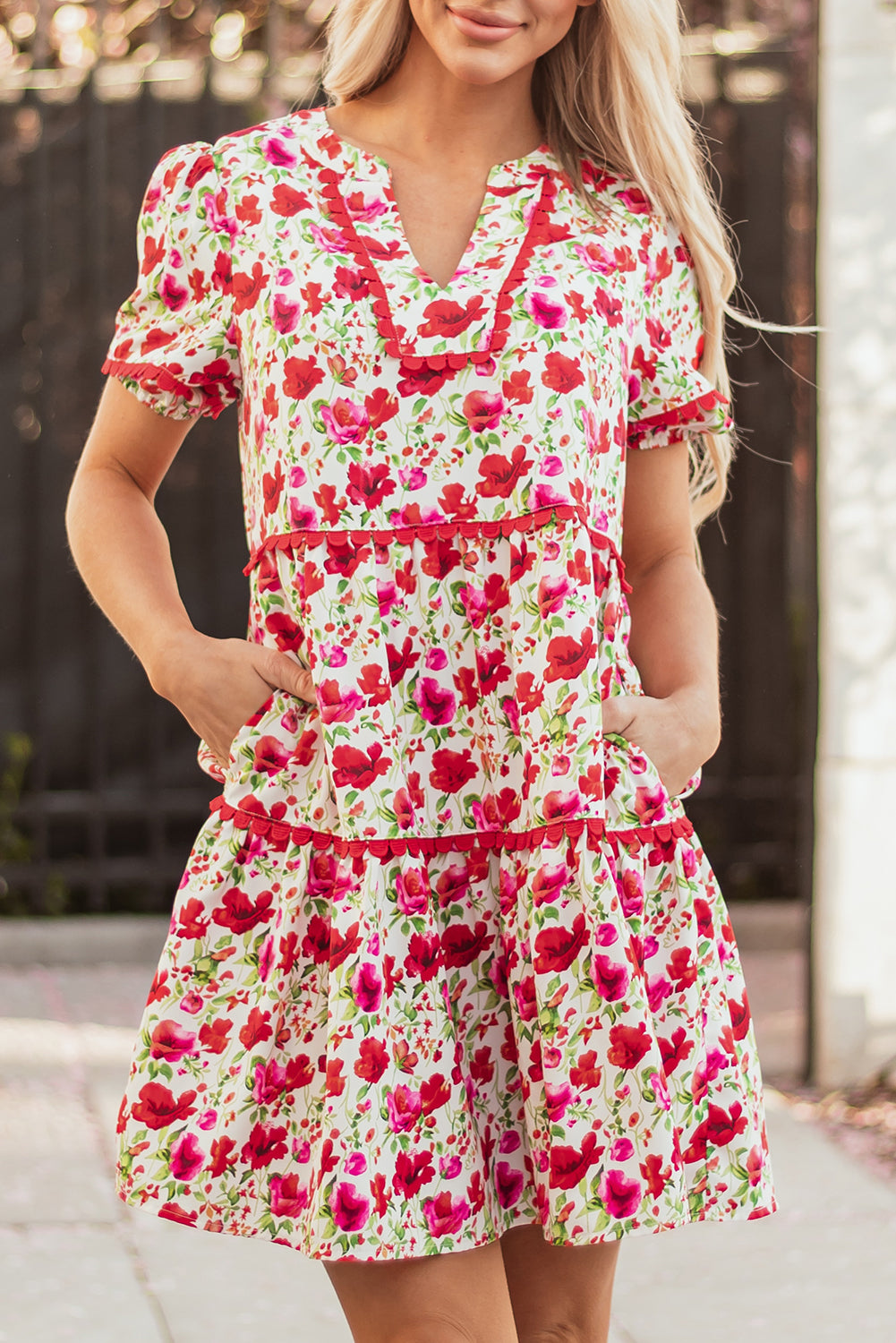 Red Floral Puff Sleeve Tiered Ric Rac Pocketed Mini Dress Floral Dresses JT's Designer Fashion