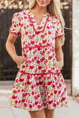 Red Floral Puff Sleeve Tiered Ric Rac Pocketed Mini Dress Floral Dresses JT's Designer Fashion