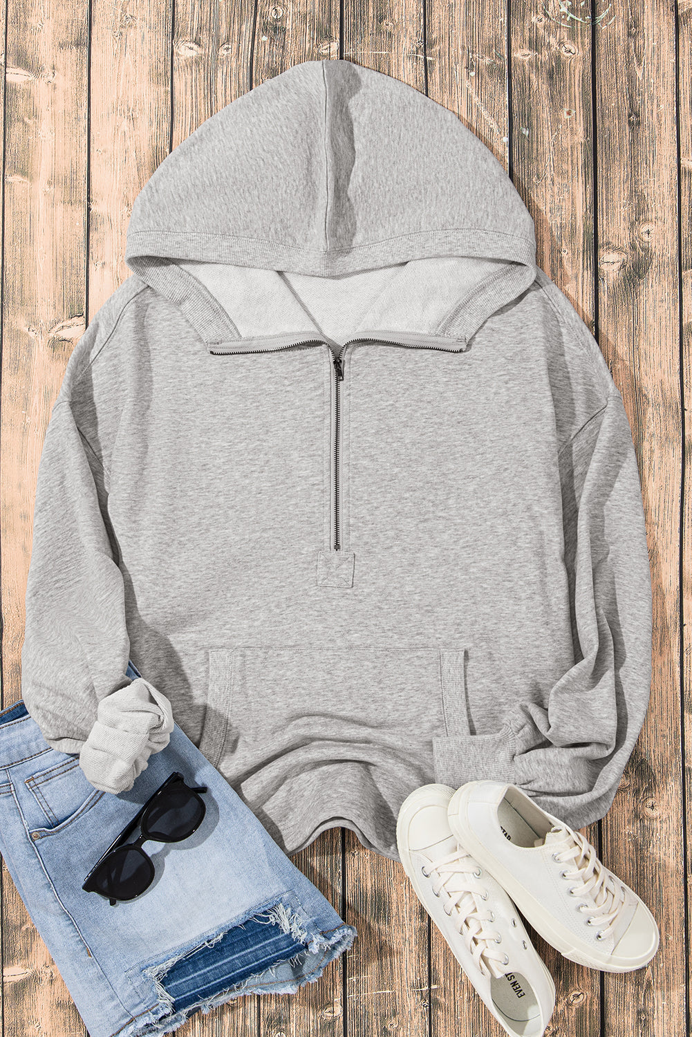 Light Grey Solid Kangaroo Pocket Half Zipper Oversized Hoodie Sweatshirts & Hoodies JT's Designer Fashion