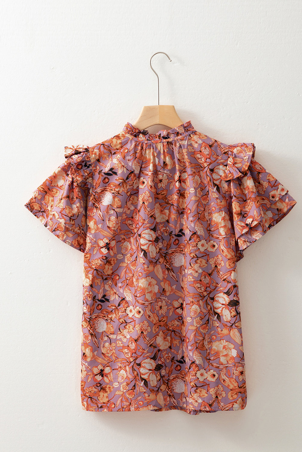 Orange Floral Print Ruffled Flutter Sleeve Frilled V Neck Blouse Blouses & Shirts JT's Designer Fashion