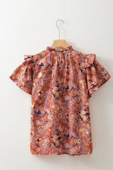 Orange Floral Print Ruffled Flutter Sleeve Frilled V Neck Blouse Blouses & Shirts JT's Designer Fashion