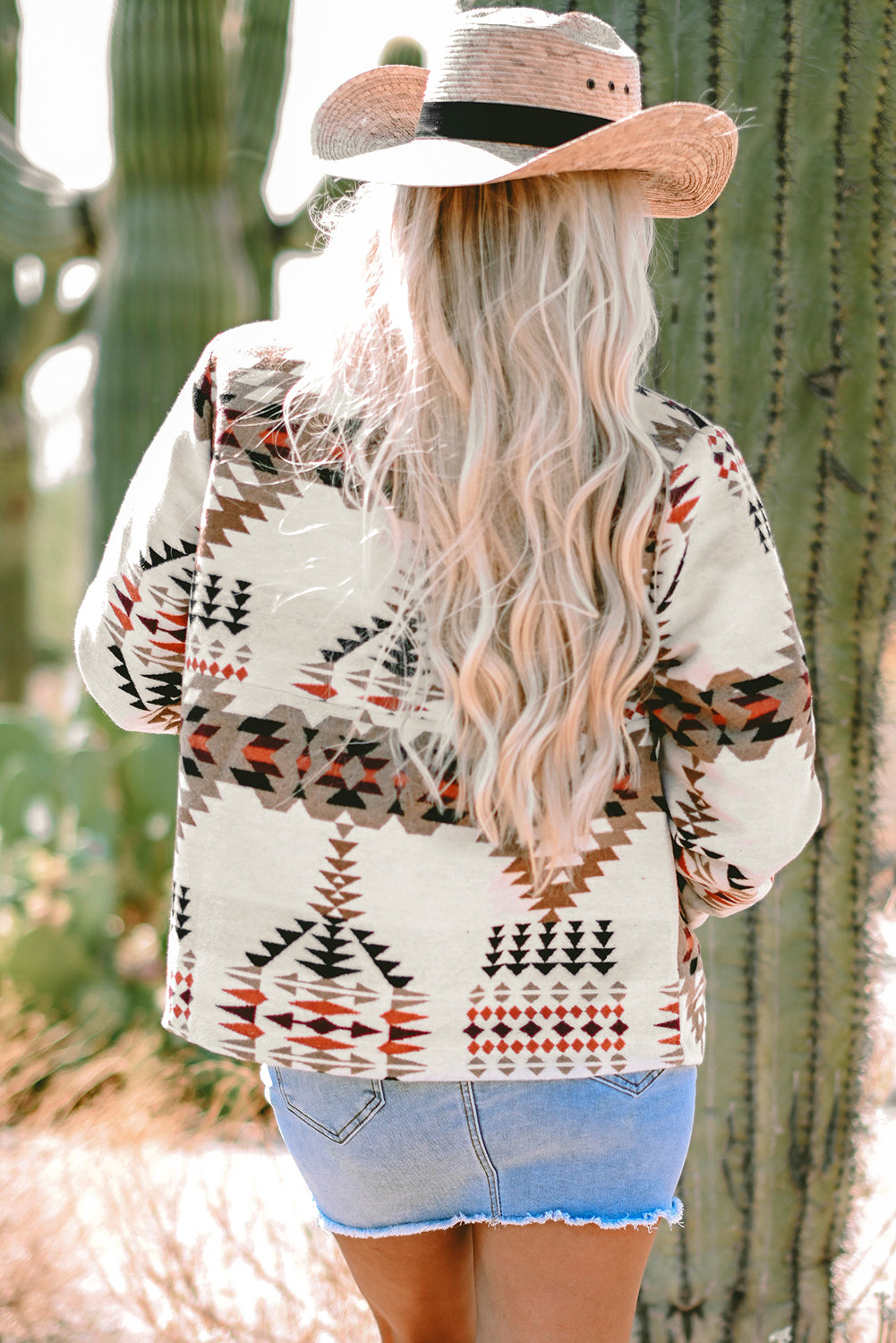 Beige Aztec Printed Stand Neck Zip Up Jacket Jackets JT's Designer Fashion