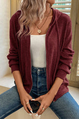 Red Dahlia Ribbed Zip Up Front Drawstring Hoodie Sweatshirts & Hoodies JT's Designer Fashion