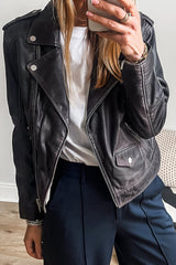 Black PU Leather Lapel Collar Zipper Jacket Jackets JT's Designer Fashion