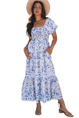 Sky Blue Floral Print Square Neck Bubble Sleeve High Waist Long Dress Maxi Dresses JT's Designer Fashion