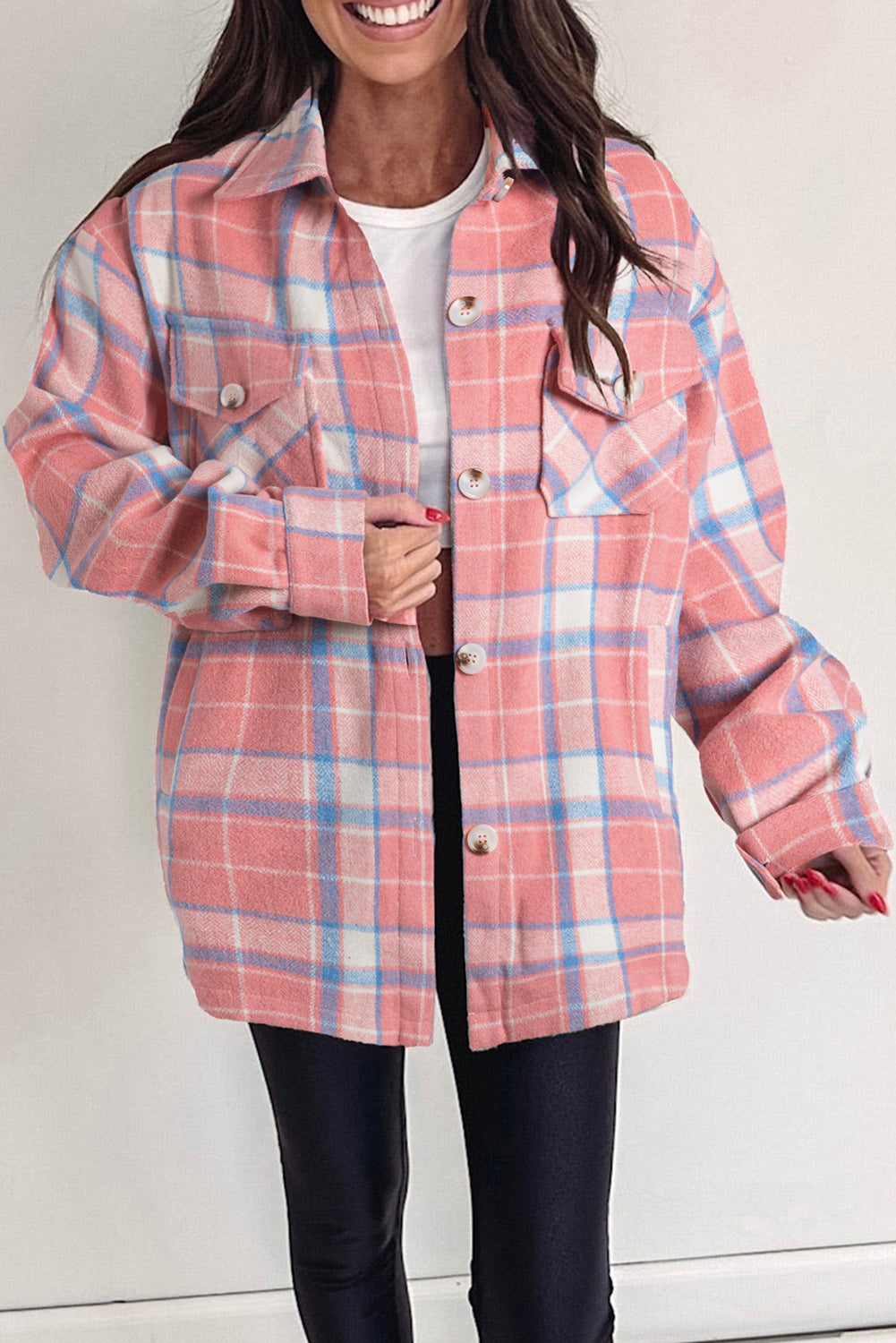 Pink Plaid Flap Pocket Button Up Shacket Plaid Shackets JT's Designer Fashion