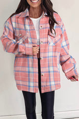 Pink Plaid Flap Pocket Button Up Shacket Plaid Shackets JT's Designer Fashion