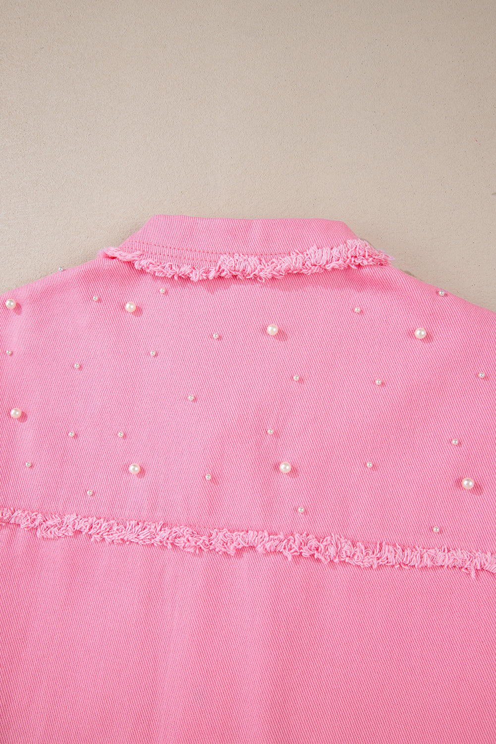 Bonbon Pearl Beaded Raw Hem Button Up Denim Jacket Denim Jackets JT's Designer Fashion