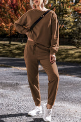 Coffee Solid Color High Low Pullover and Skinny Pants Set Pant Sets JT's Designer Fashion