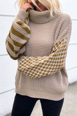 Smoke Gray Striped Plaid Patchwork Waffle Knit Turtleneck Sweater Sweaters JT's Designer Fashion