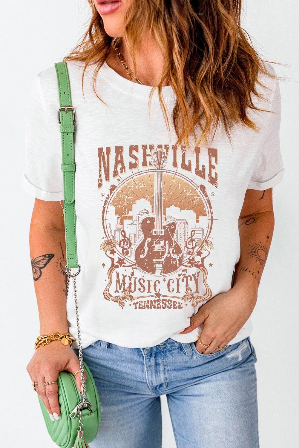 White Vintage NASHVILLE Music City Crewneck Graphic T Shirt Graphic Tees JT's Designer Fashion