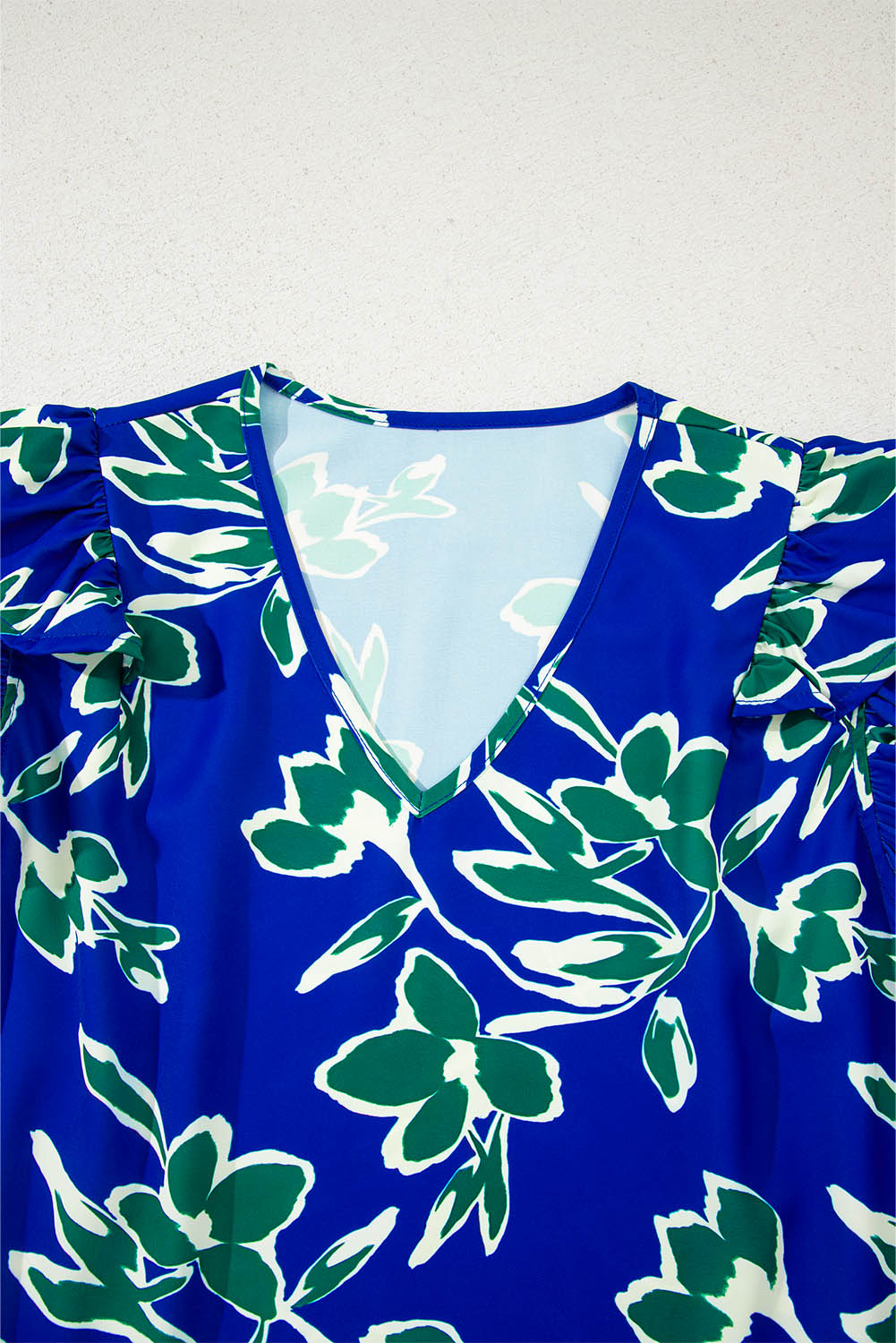 Blue V Neck Floral Print Double Ruffled Short Sleeve Blouse Blouses & Shirts JT's Designer Fashion
