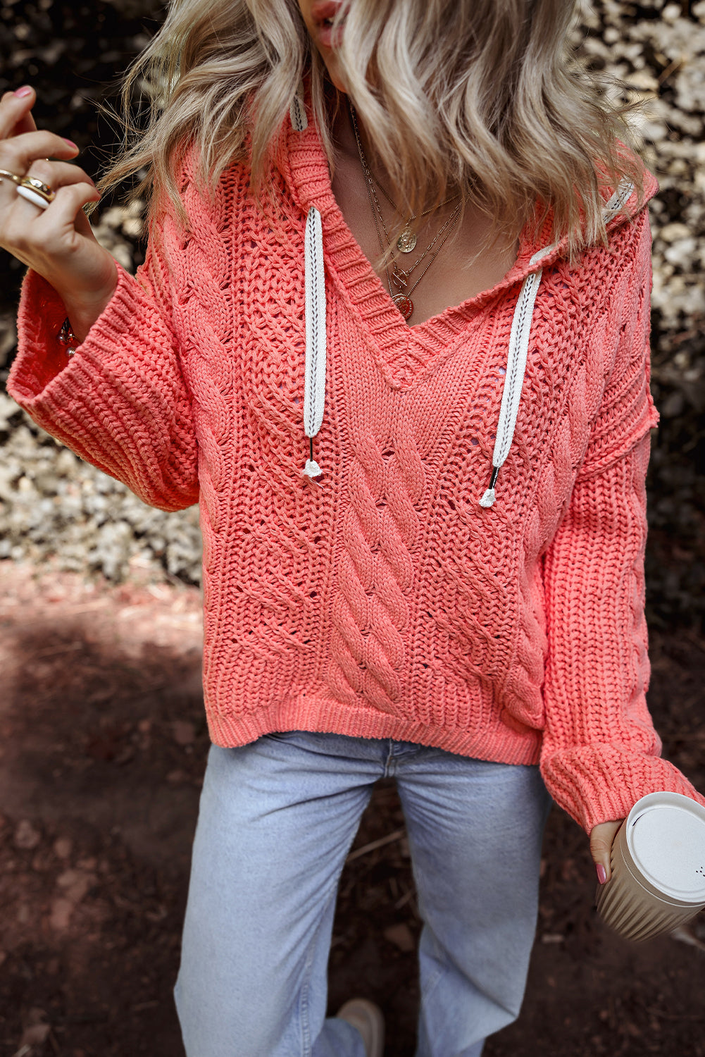 Gold Flame Cable Knit V Neck Contrast Drawstring Hooded Sweater Sweaters JT's Designer Fashion