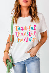 White Thankful Printed Crewneck Thanksgiving T Shirt Graphic Tees JT's Designer Fashion