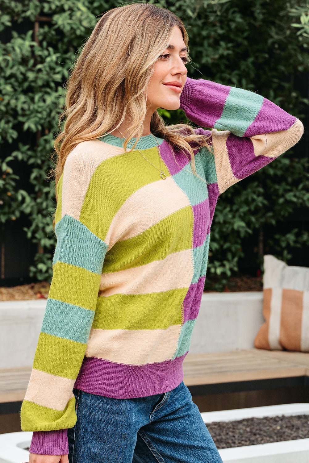 Green Stripe Drop Shoulder Ribbed Edge Casual Sweater Sweaters JT's Designer Fashion
