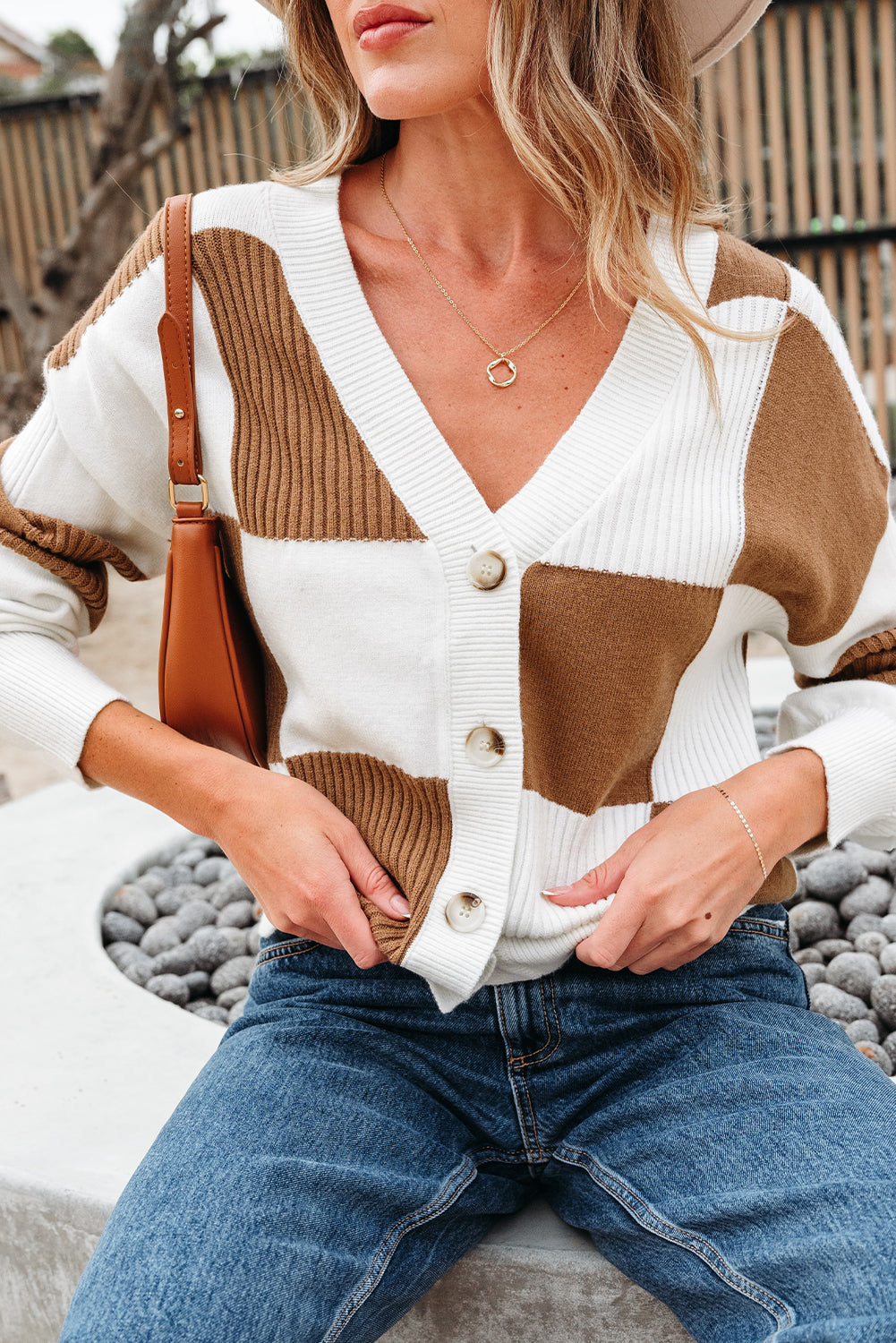 Khaki Checkered Pattern Ribbed Detail Button V Neck Sweater Cardigan Cardigans JT's Designer Fashion
