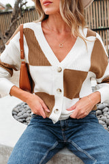 Khaki Checkered Pattern Ribbed Detail Button V Neck Sweater Cardigan Cardigans JT's Designer Fashion