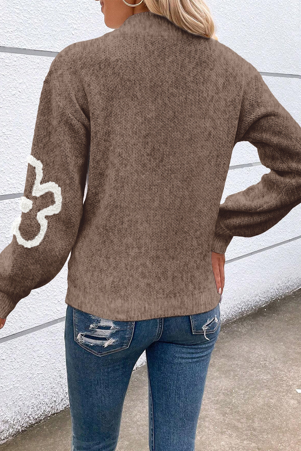 Parchment Contrast Flower Half Zipper Stand Neck Sweater Sweaters JT's Designer Fashion