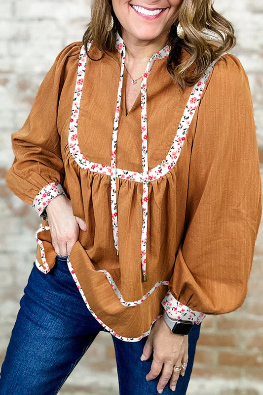 Straw Yellow Split Neck Pleated Floral Trim Long Puff Sleeve Blouse Straw Yellow 46%Viscose+33%Polyester+21%Polyamide Blouses & Shirts JT's Designer Fashion