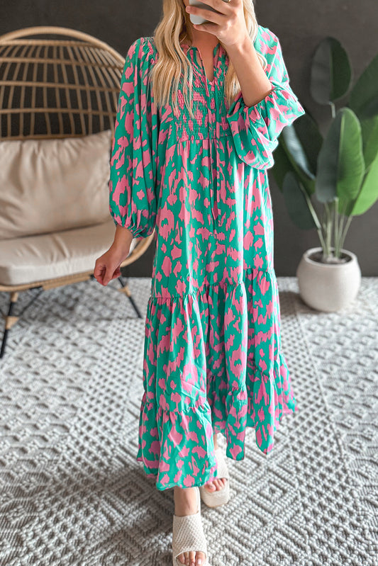 Green Abstract Print Puff Sleeve Tied Notched Neck Long Dress Green 100%Polyester Maxi Dresses JT's Designer Fashion