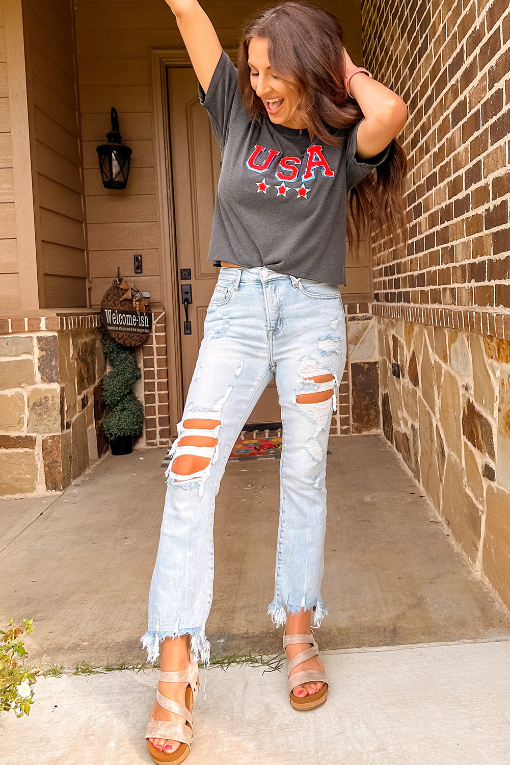 Beau Blue Light Wash Distressed Straight Leg Slim Fit Jeans Jeans JT's Designer Fashion