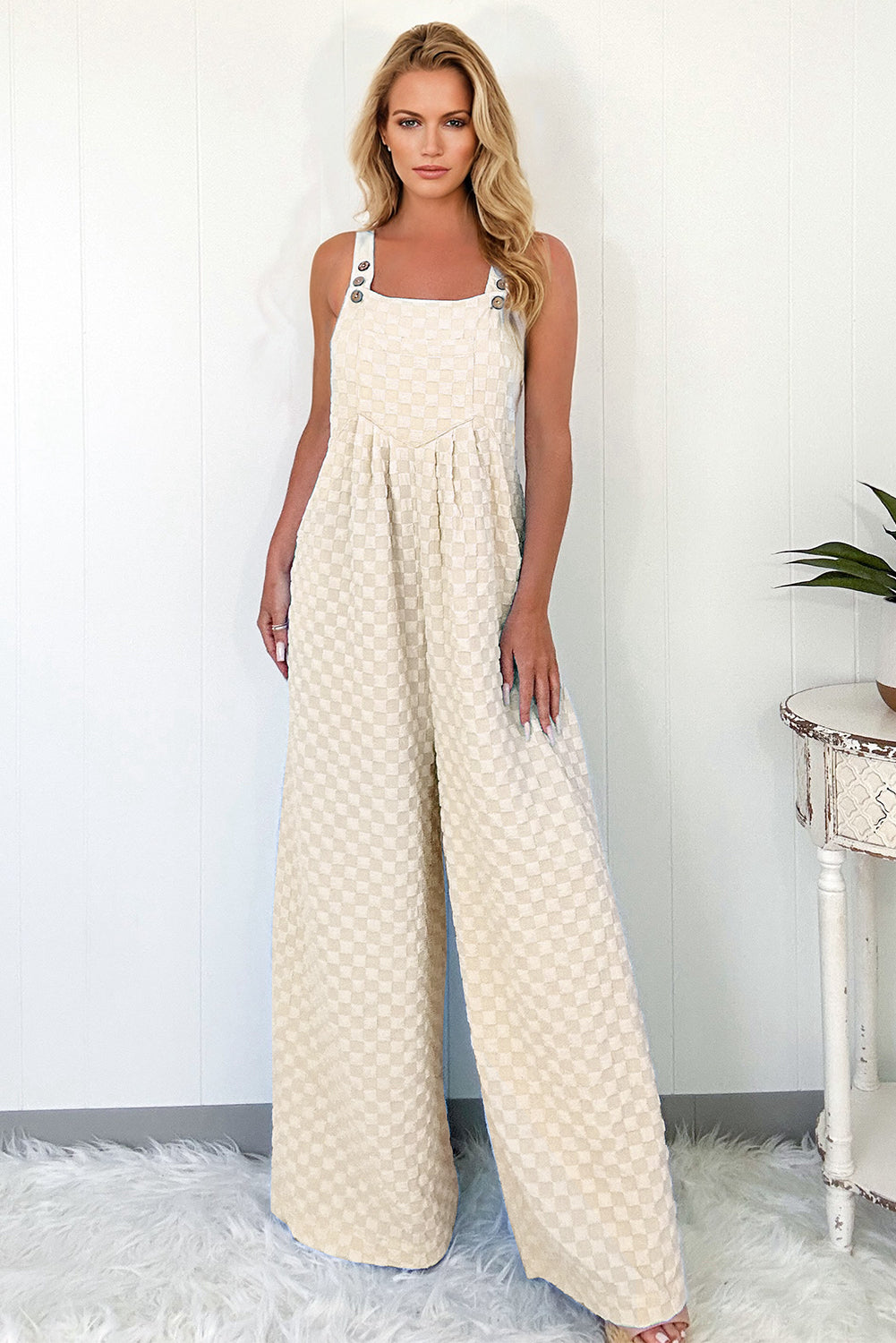 Beige Checkered Pocketed High Waist Wide Leg Overall Jumpsuits & Rompers JT's Designer Fashion