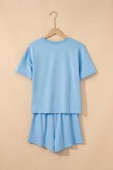 Myosotis V Neck Drop Shoulder Tee and Patchwork Drawstring Elastic Waistband Shorts Set Short Sets JT's Designer Fashion