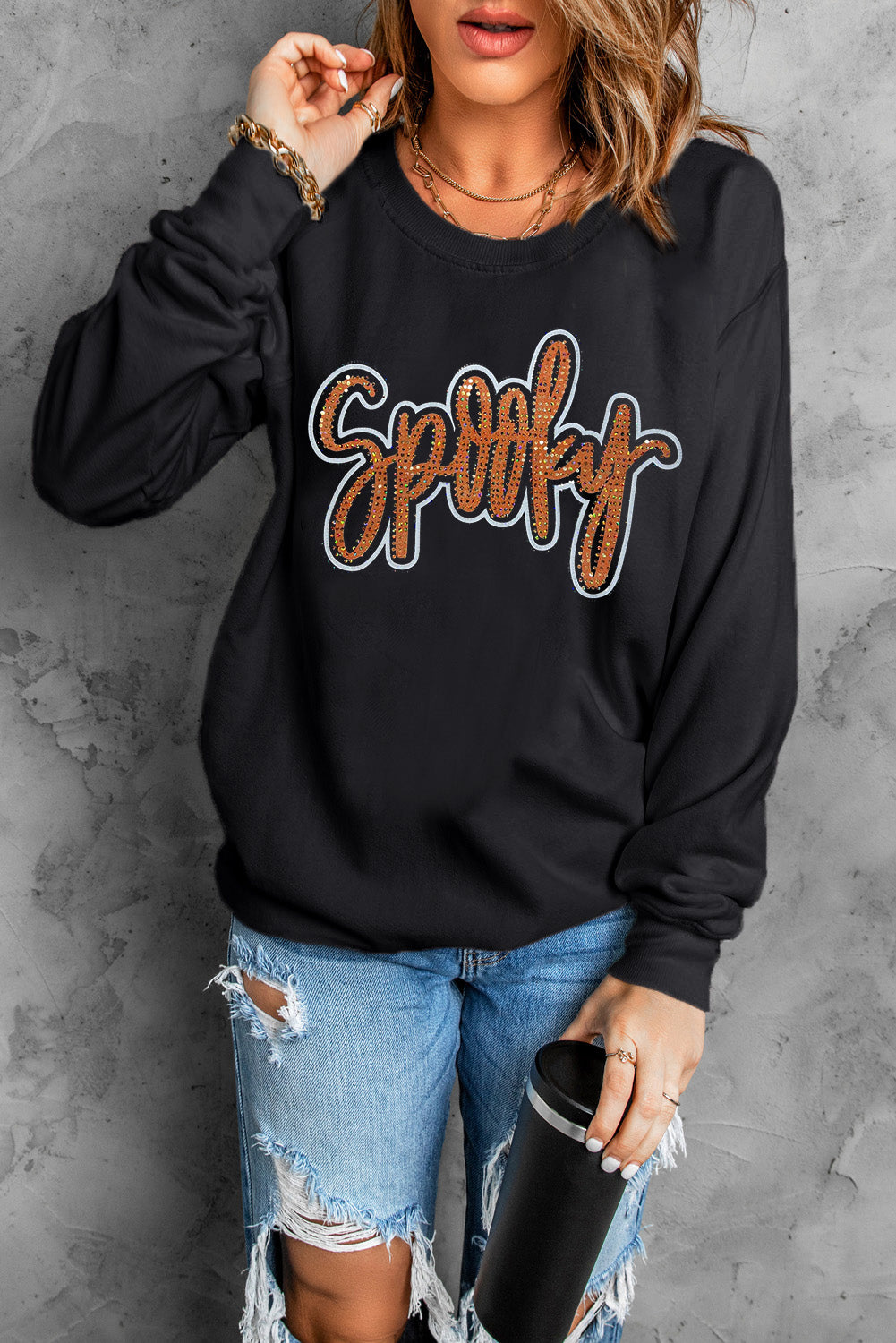 Black Spooky Rhinestone Drop Shoulder Graphic Sweatshirt Graphic Sweatshirts JT's Designer Fashion