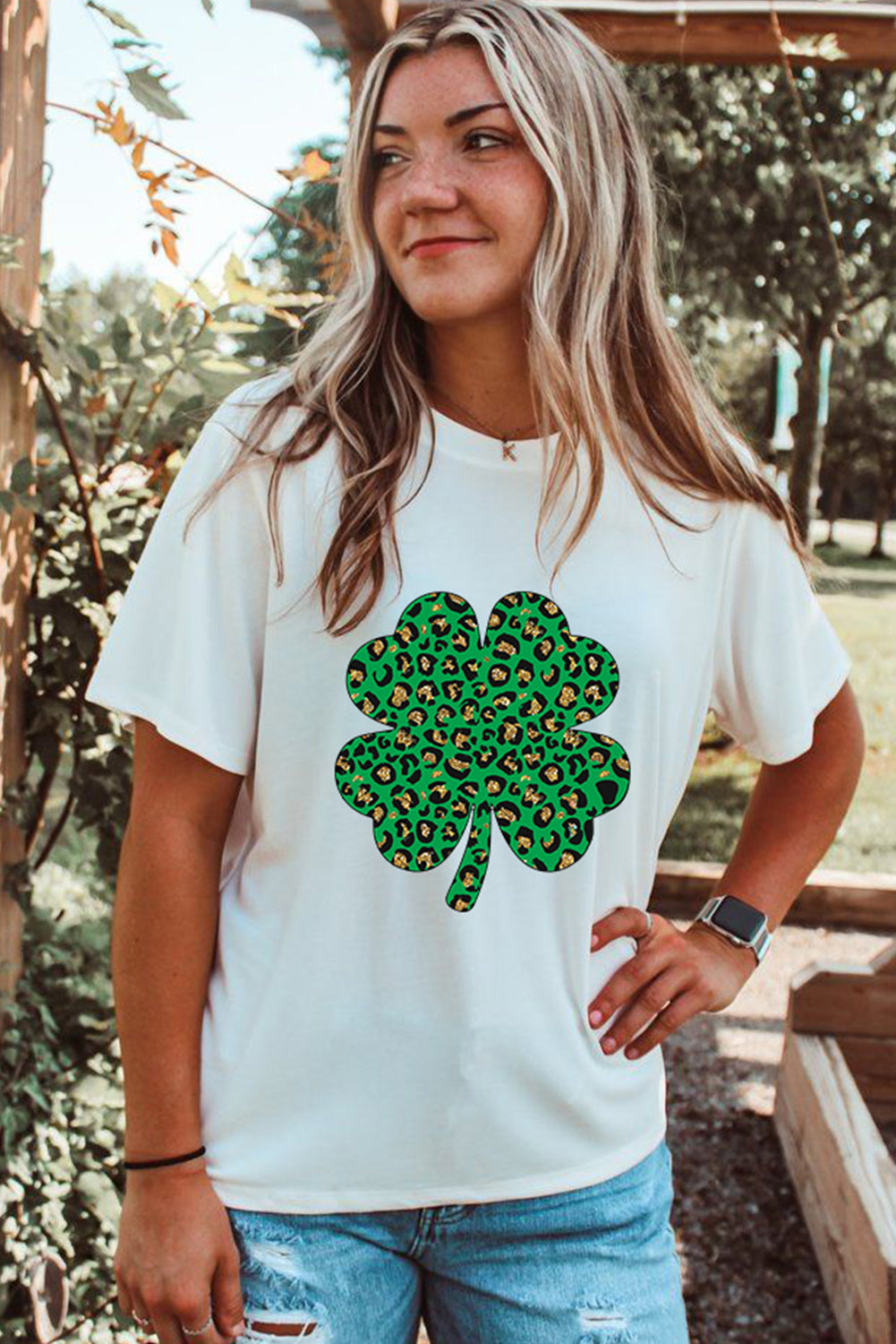 White Leopard Four Leaf Clover Graphic Tee Graphic Tees JT's Designer Fashion